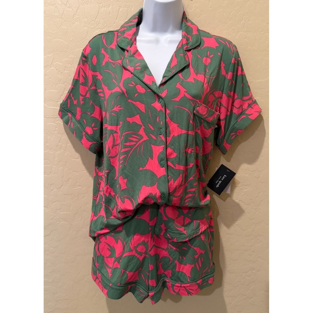 Kate Spade NY Pink Green Floral Pajama Set Shorts Size Large Comfy Whimsical NEW